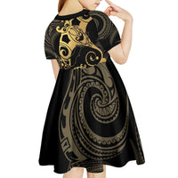 Black And Gold Aotearoa Whai Kid Short Sleeve Dress NZ Stingrays Maori Curves Style LT14 - Polynesian Pride
