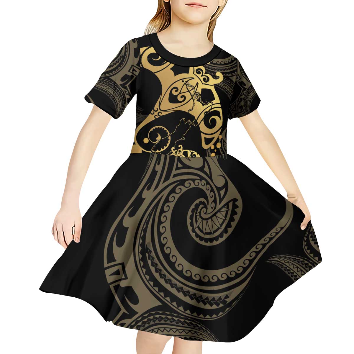 Black And Gold Aotearoa Whai Kid Short Sleeve Dress NZ Stingrays Maori Curves Style LT14 - Polynesian Pride