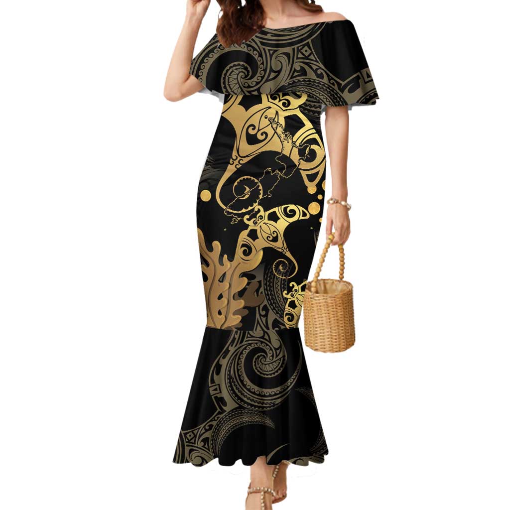 Black And Gold Aotearoa Whai Mermaid Dress NZ Stingrays Maori Curves Style LT14 Women Gold - Polynesian Pride