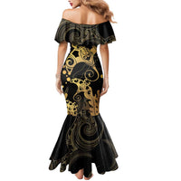 Black And Gold Aotearoa Whai Mermaid Dress NZ Stingrays Maori Curves Style LT14 - Polynesian Pride