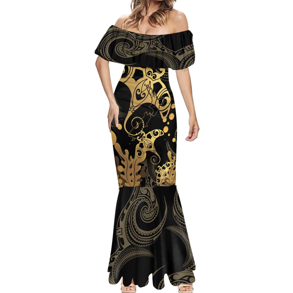 Black And Gold Aotearoa Whai Mermaid Dress NZ Stingrays Maori Curves Style LT14 - Polynesian Pride
