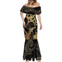Black And Gold Aotearoa Whai Mermaid Dress NZ Stingrays Maori Curves Style LT14 - Polynesian Pride
