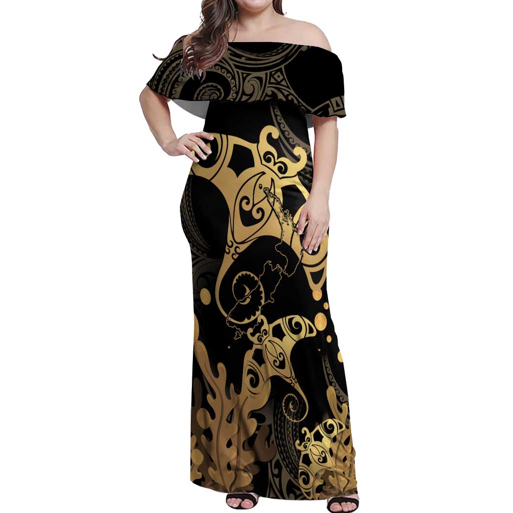 Black And Gold Aotearoa Whai Off Shoulder Maxi Dress NZ Stingrays Maori Curves Style