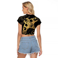 Black And Gold Aotearoa Whai Raglan Cropped T Shirt NZ Stingrays Maori Curves Style