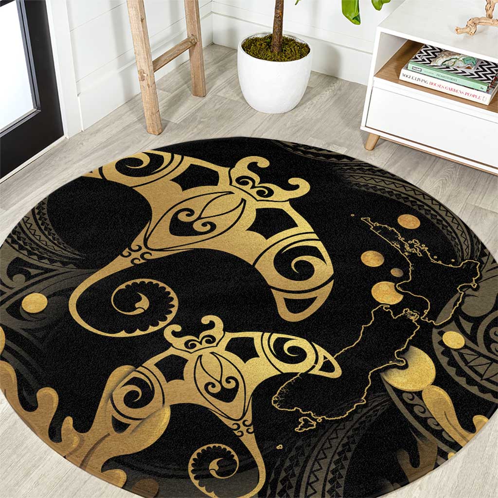 Black And Gold Aotearoa Whai Round Carpet NZ Stingrays Maori Curves Style LT14 Gold - Polynesian Pride