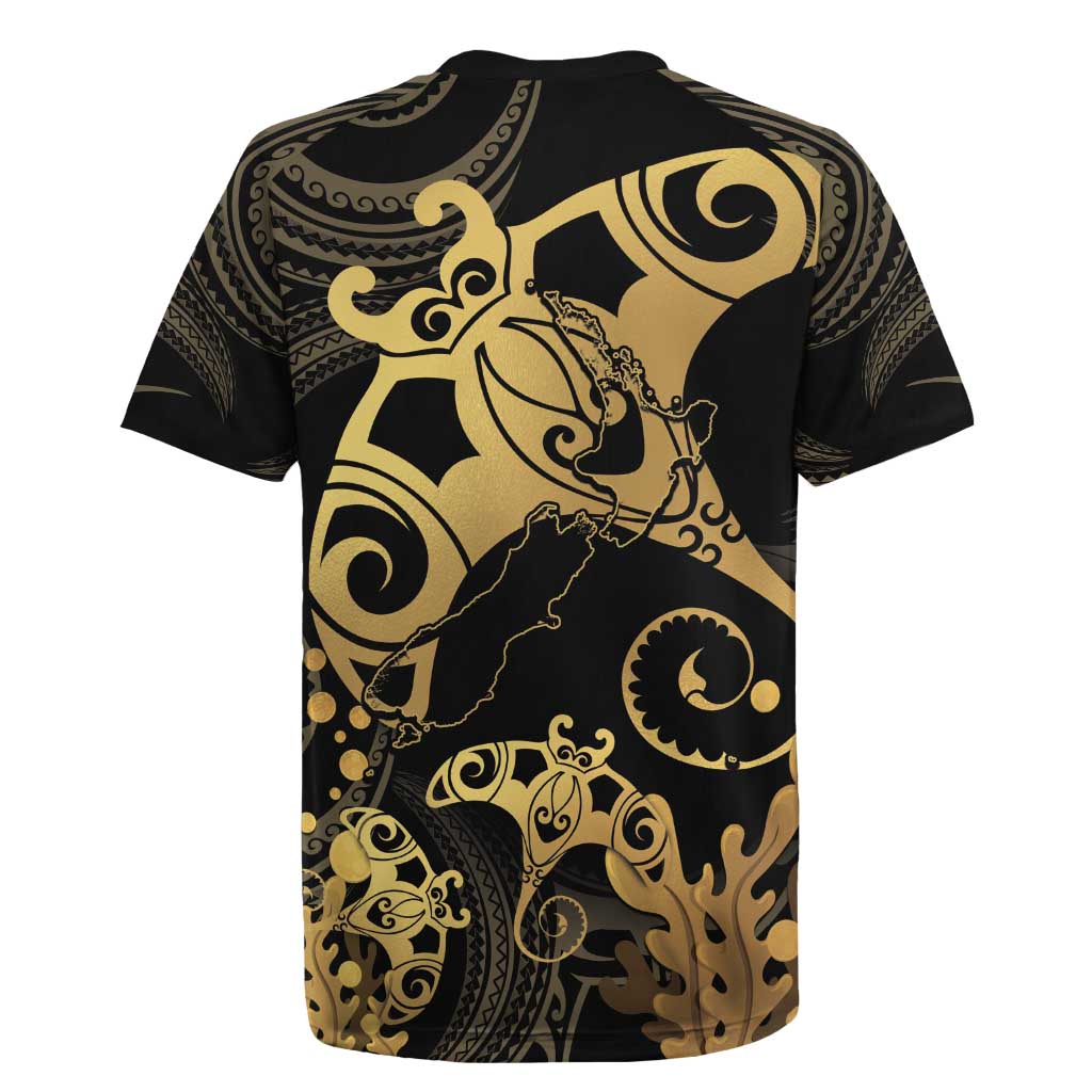 Black And Gold Aotearoa Whai Rugby Jersey NZ Stingrays Maori Curves Style