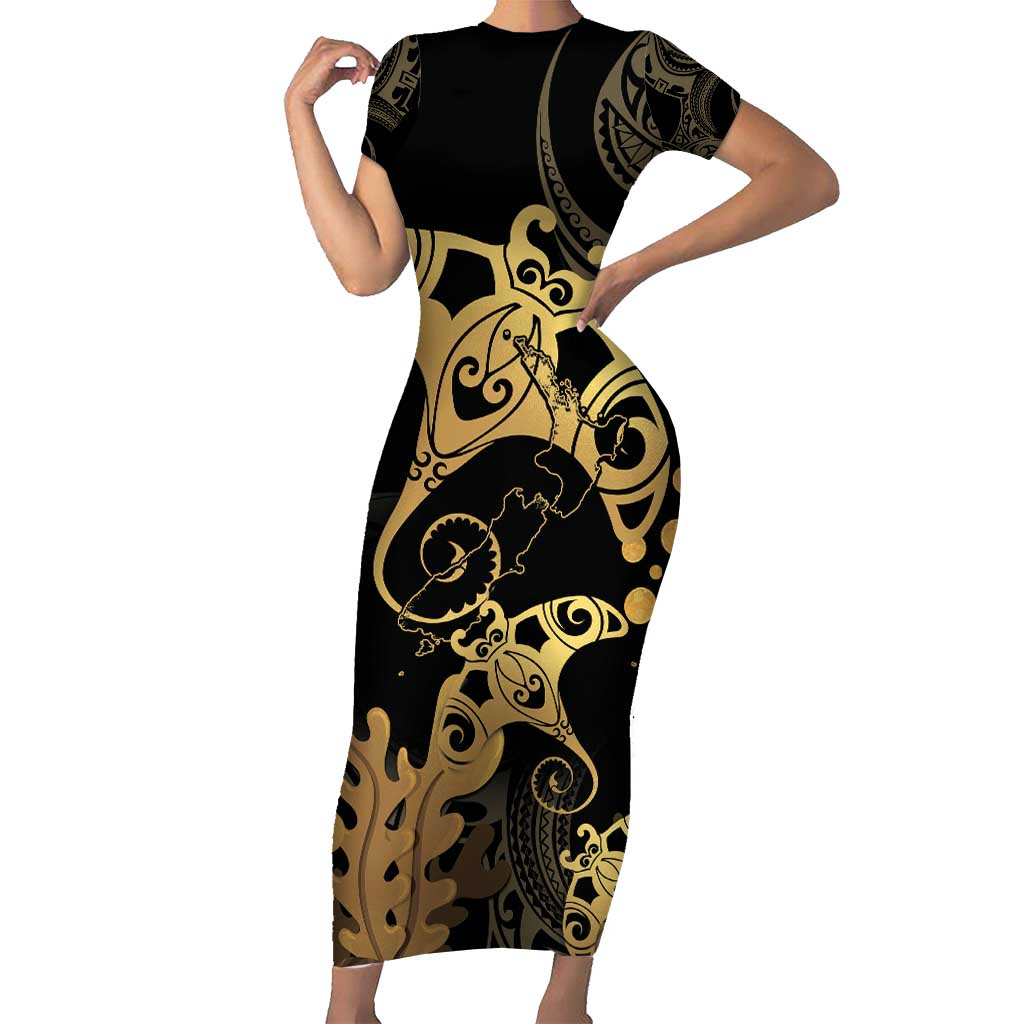 Black And Gold Aotearoa Whai Short Sleeve Bodycon Dress NZ Stingrays Maori Curves Style LT14 Long Dress Gold - Polynesian Pride