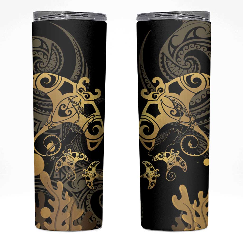 Black And Gold Aotearoa Whai Skinny Tumbler NZ Stingrays Maori Curves Style LT14 Gold - Polynesian Pride
