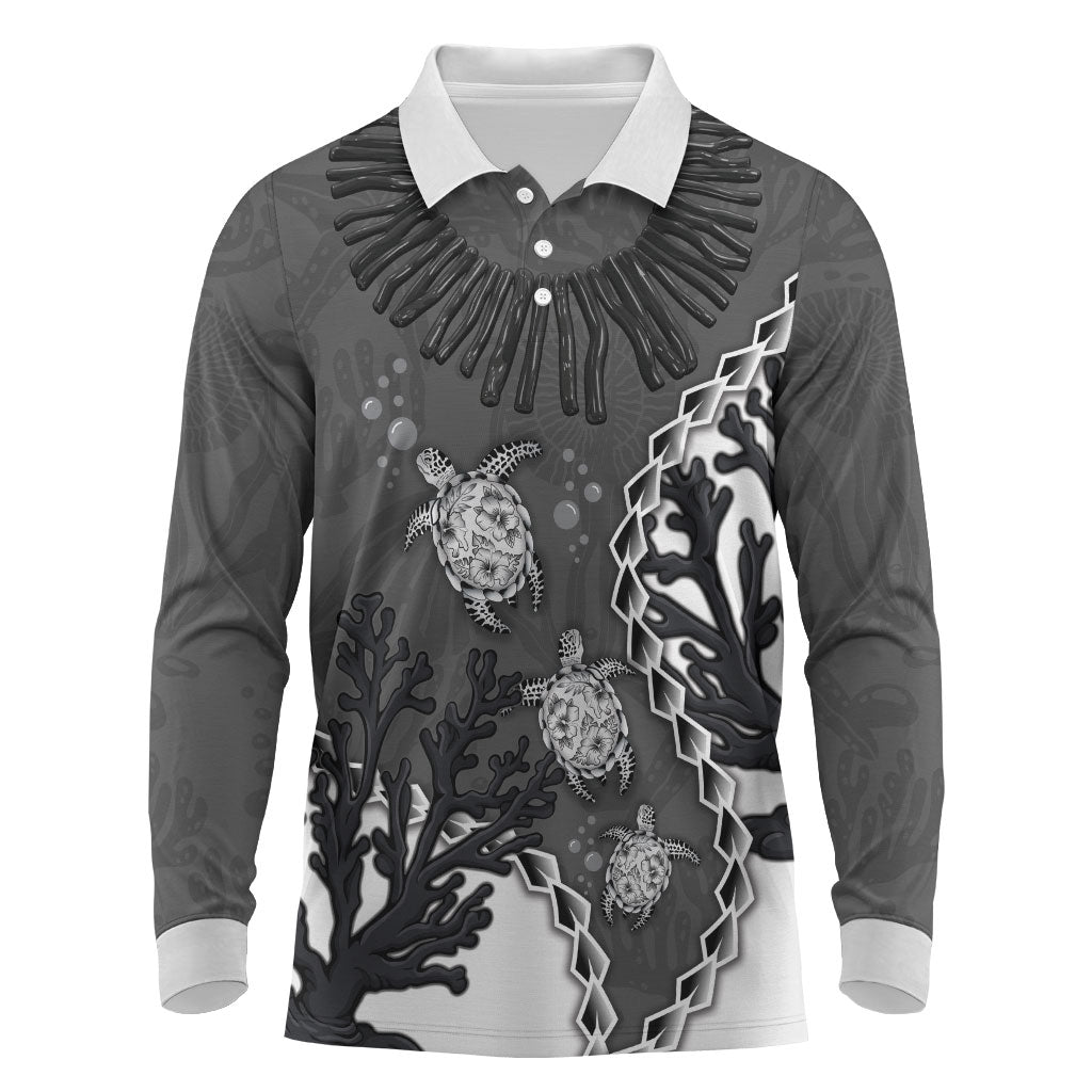 Personalized Black Coral Hawaii Long Sleeve Polo Shirt Ekaha Ku Moana Honu Sea Turtle LT14 Gray - Polynesian Pride
