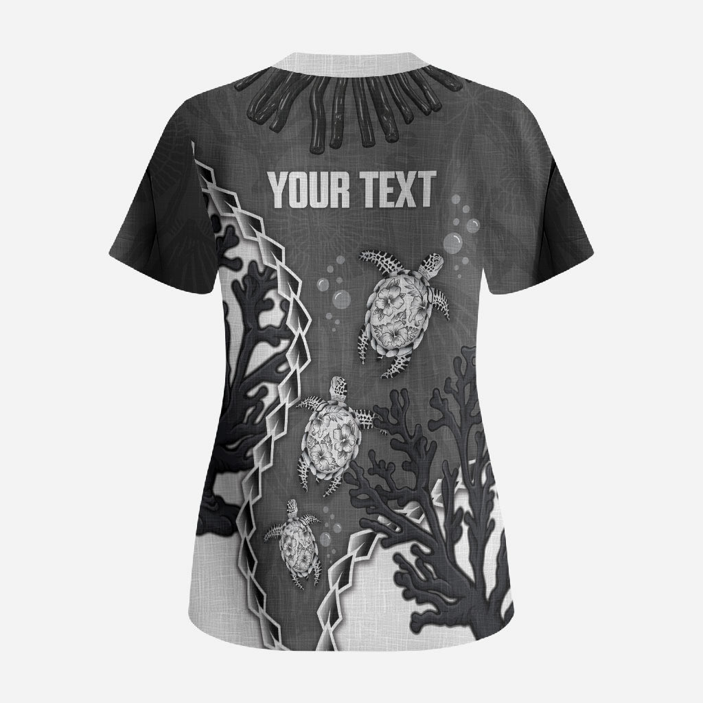 Personalized Black Coral Hawaii Scrub Top Ekaha Ku Moana Honu Sea Turtle LT14 - Polynesian Pride
