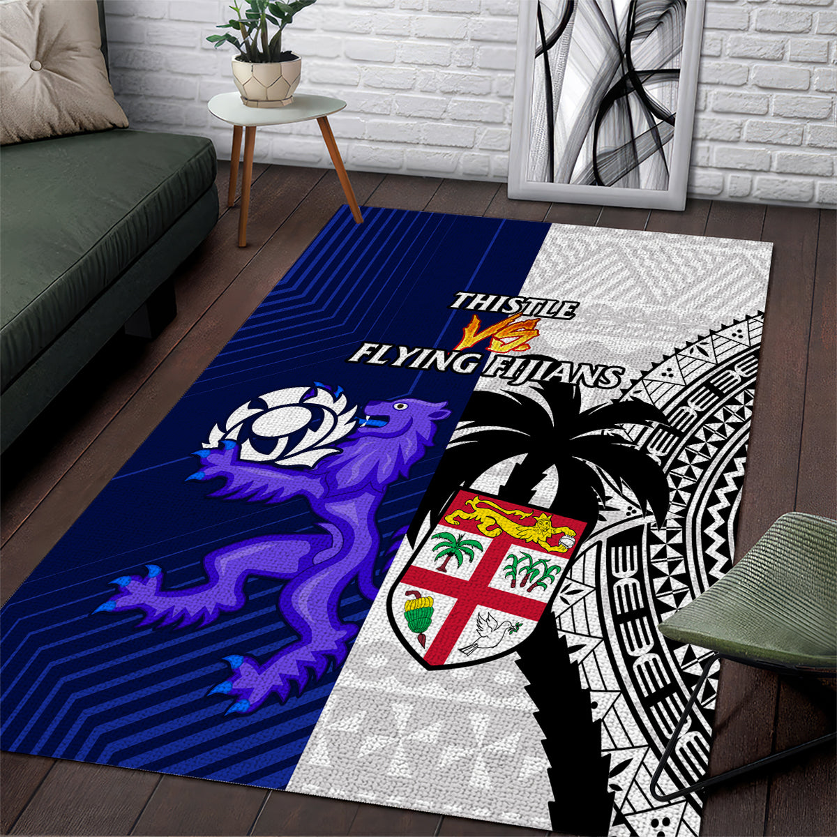 Fiji And Scotland Rugby Area Rug Fijian Tapa Pattern With Thistle LT14 Blue - Polynesian Pride