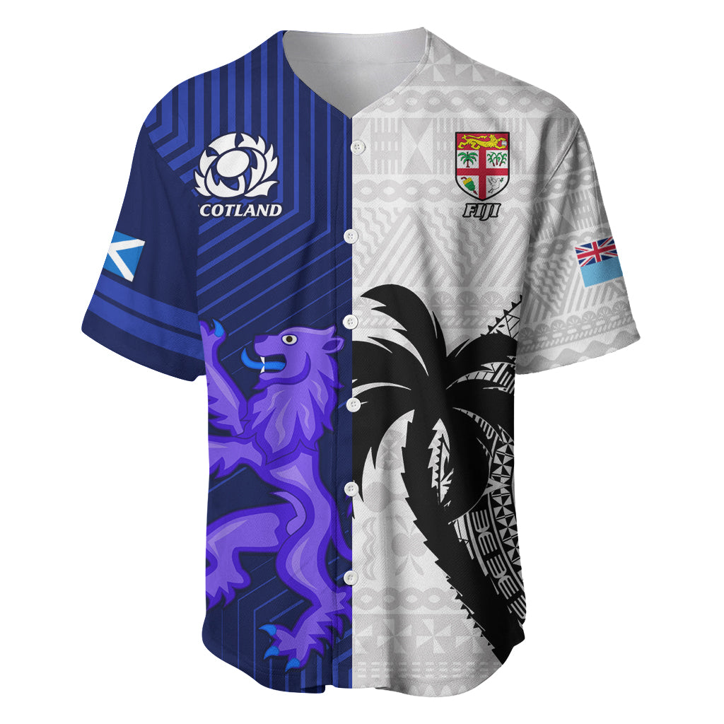 Fiji And Scotland Rugby Baseball Jersey Fijian Tapa Pattern With Thistle LT14 Blue - Polynesian Pride