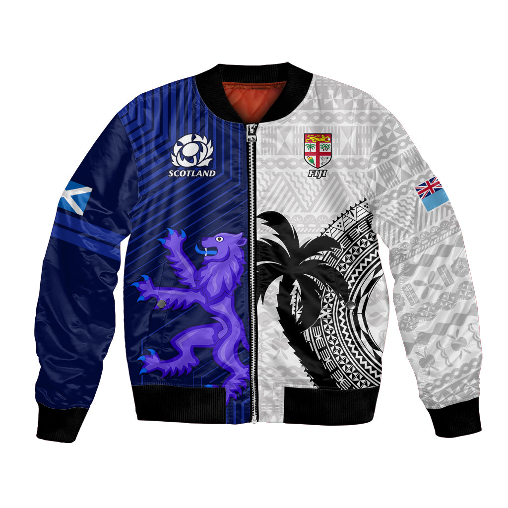 Fiji And Scotland Rugby Bomber Jacket Fijian Tapa Pattern With Thistle LT14 Unisex Blue - Polynesian Pride