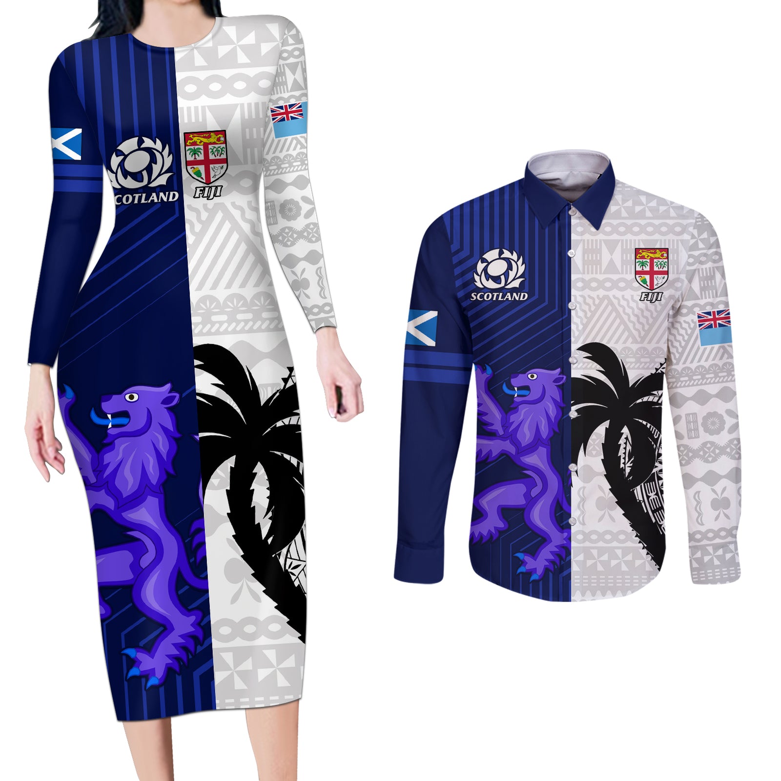 Fiji And Scotland Rugby Couples Matching Long Sleeve Bodycon Dress and Long Sleeve Button Shirts Fijian Tapa Pattern With Thistle LT14 Blue - Polynesian Pride