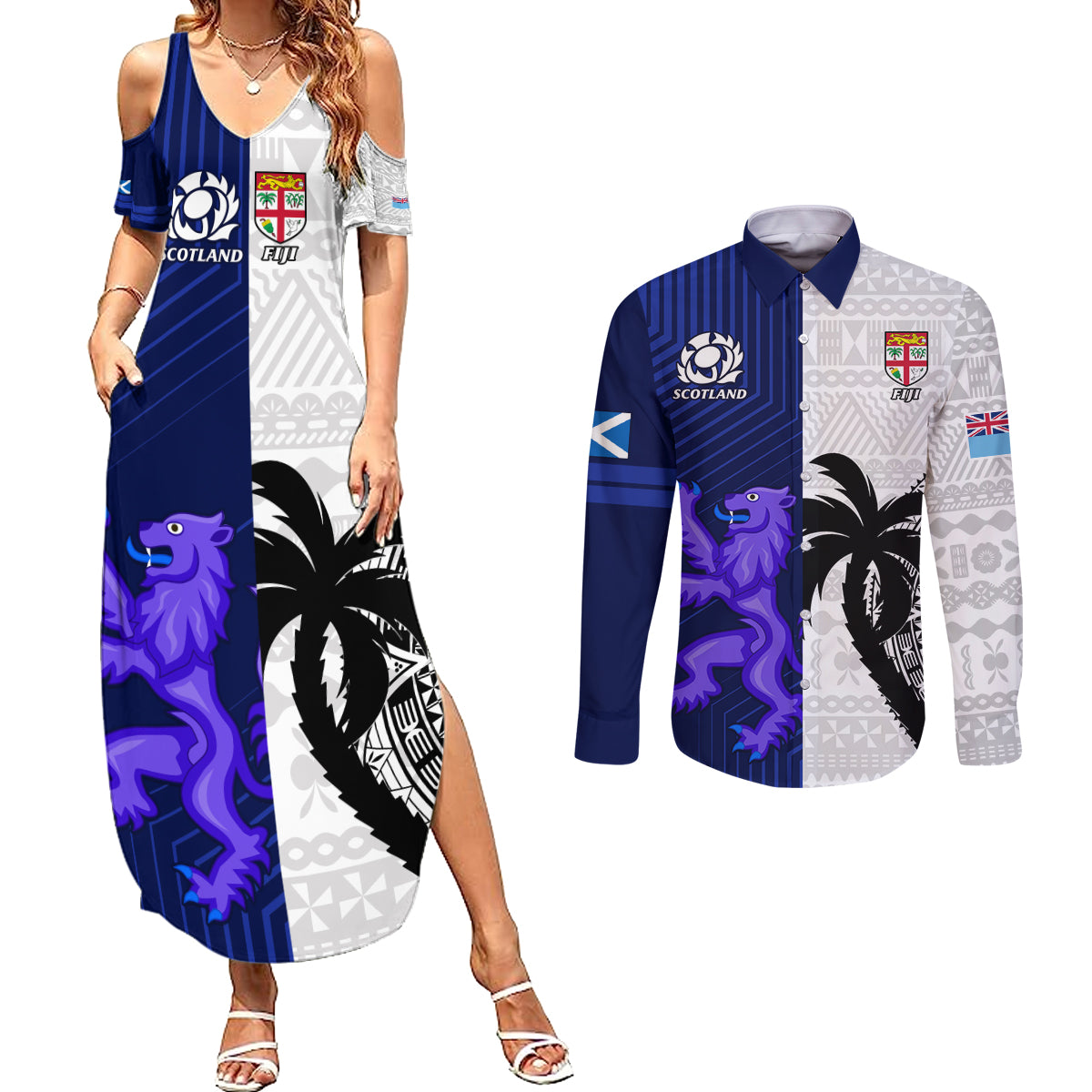 Fiji And Scotland Rugby Couples Matching Summer Maxi Dress and Long Sleeve Button Shirts Fijian Tapa Pattern With Thistle LT14 Blue - Polynesian Pride
