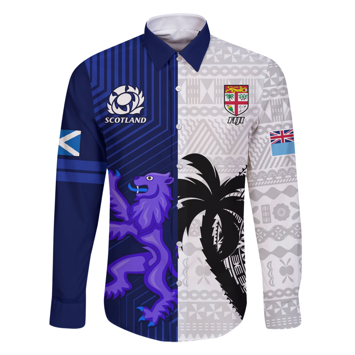 Fiji And Scotland Rugby Family Matching Off Shoulder Maxi Dress and Hawaiian Shirt Fijian Tapa Pattern With Thistle LT14 Dad's Shirt - Long Sleeve Blue - Polynesian Pride