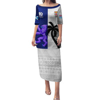 Fiji And Scotland Rugby Family Matching Puletasi Dress and Hawaiian Shirt Fijian Tapa Pattern With Thistle LT14 Mom's Dress Blue - Polynesian Pride