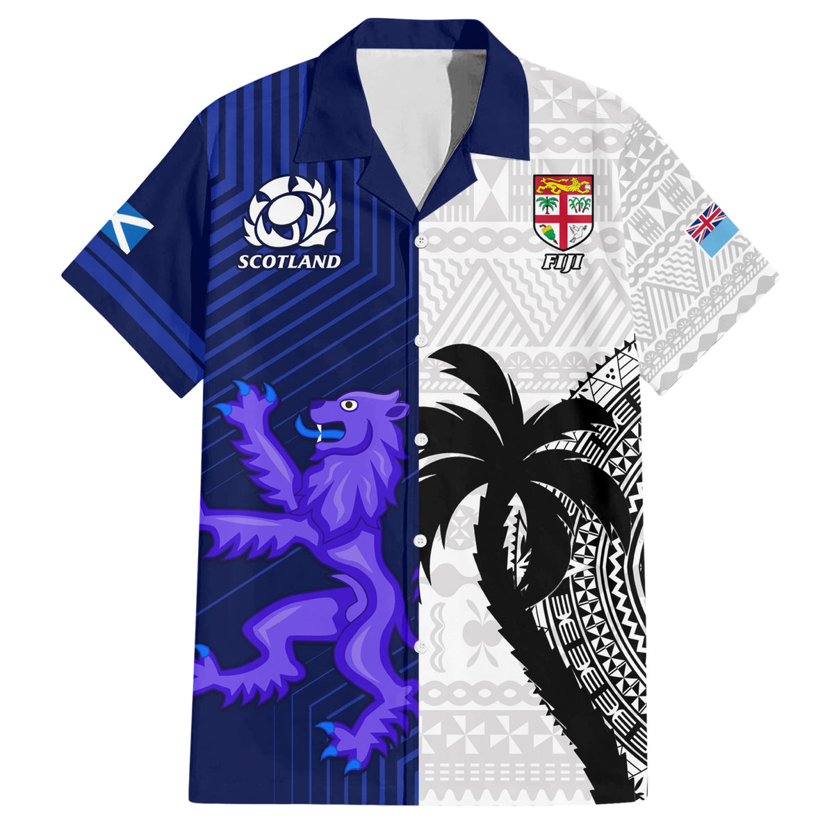 Fiji And Scotland Rugby Family Matching Short Sleeve Bodycon Dress and Hawaiian Shirt Fijian Tapa Pattern With Thistle LT14 Dad's Shirt - Short Sleeve Blue - Polynesian Pride