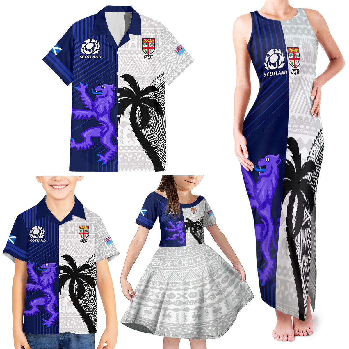 Fiji And Scotland Rugby Family Matching Tank Maxi Dress and Hawaiian Shirt Fijian Tapa Pattern With Thistle LT14 - Polynesian Pride