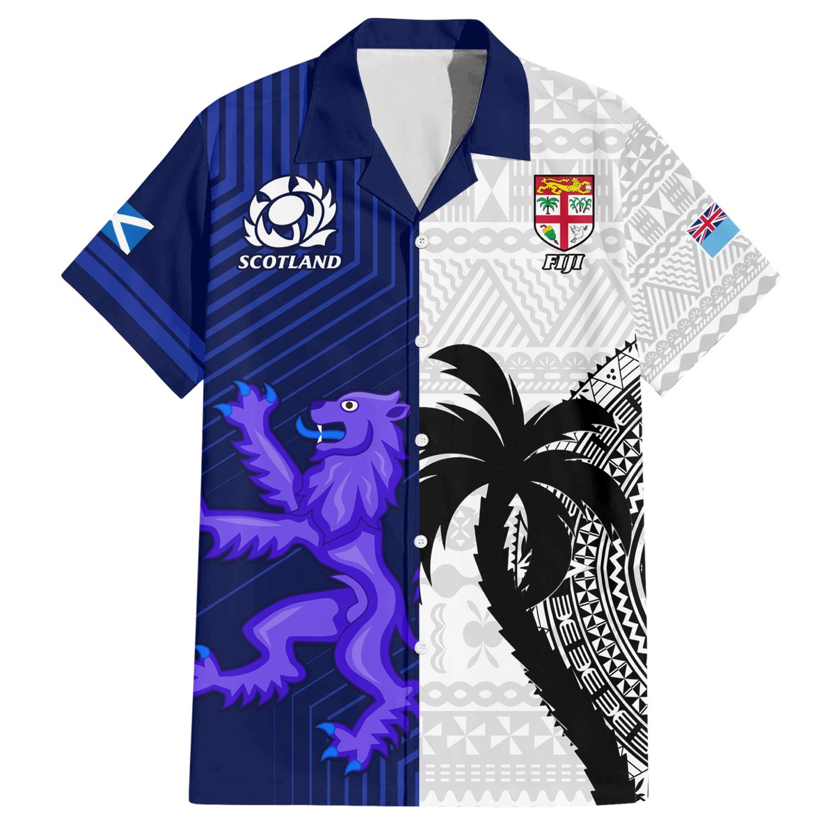 Fiji And Scotland Rugby Hawaiian Shirt Fijian Tapa Pattern With Thistle LT14 Blue - Polynesian Pride