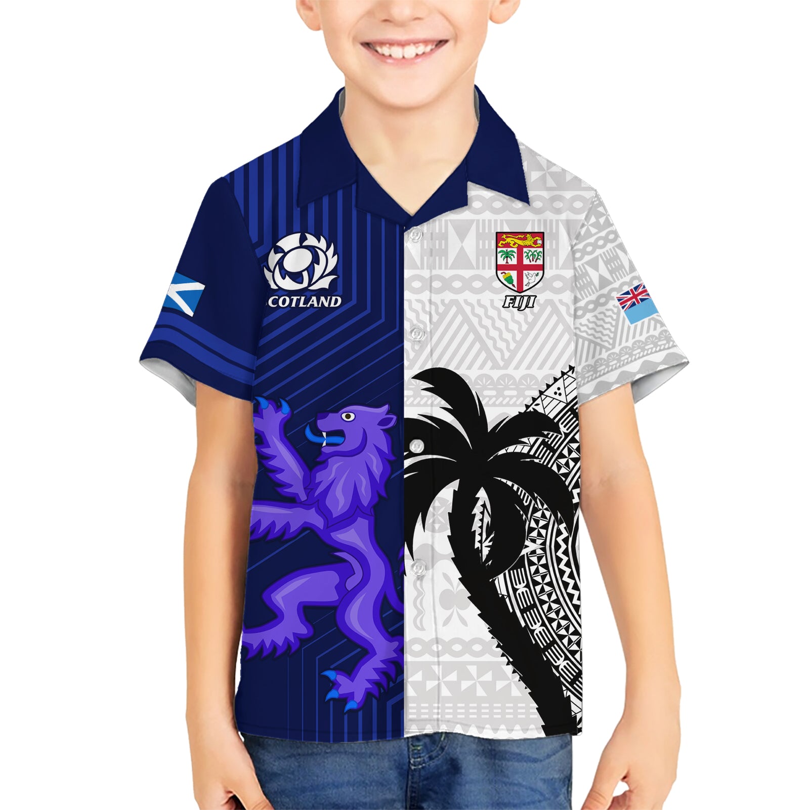 Fiji And Scotland Rugby Kid Hawaiian Shirt Fijian Tapa Pattern With Thistle LT14 Kid Blue - Polynesian Pride
