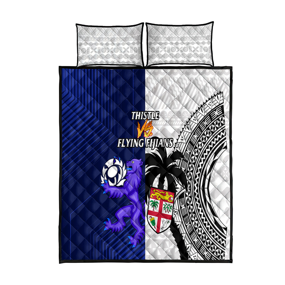 Fiji And Scotland Rugby Quilt Bed Set Fijian Tapa Pattern With Thistle LT14 Blue - Polynesian Pride