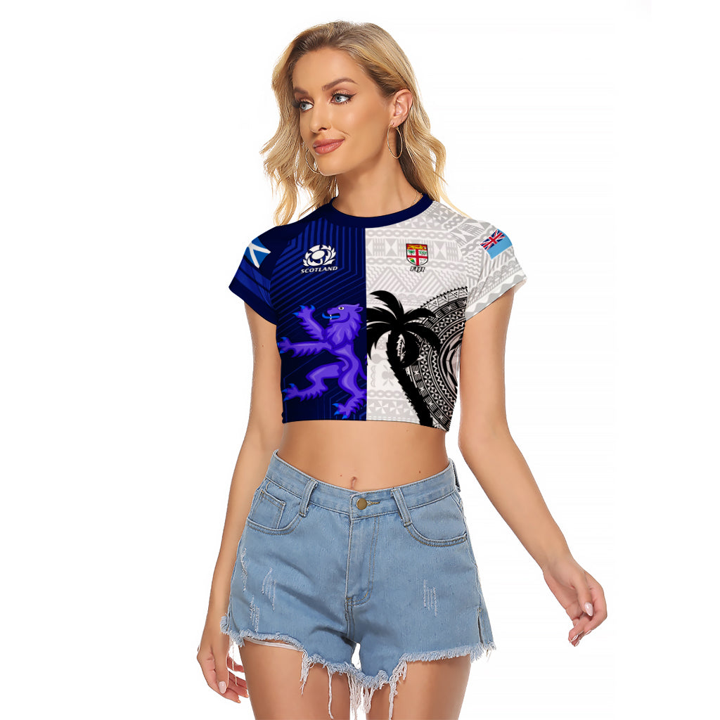 Fiji And Scotland Rugby Raglan Cropped T Shirt Fijian Tapa Pattern With Thistle LT14 Female Blue - Polynesian Pride