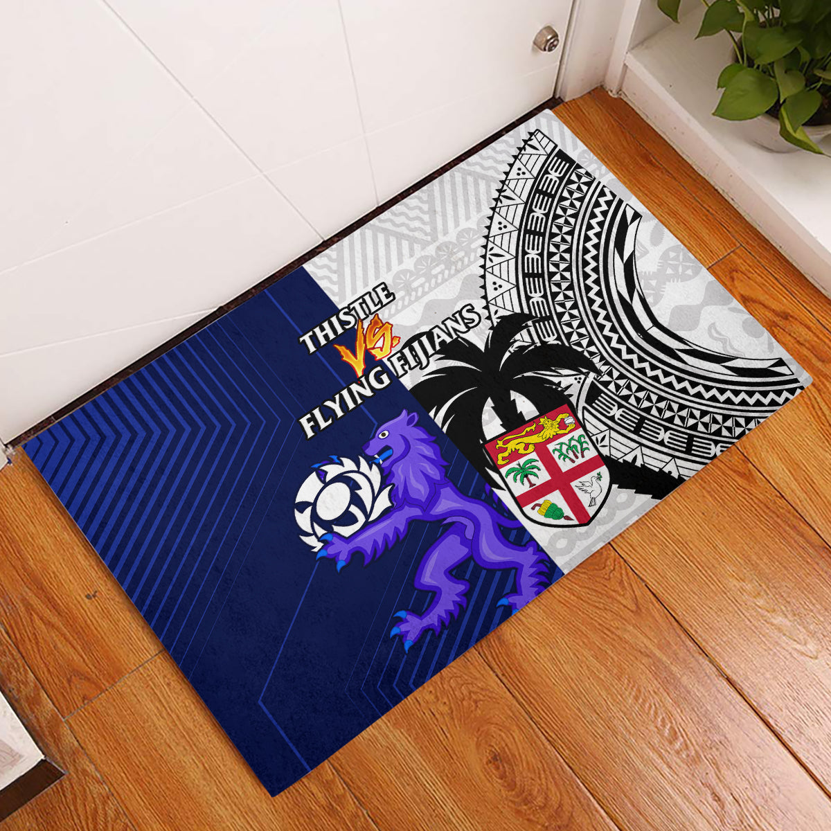 Fiji And Scotland Rugby Rubber Doormat Fijian Tapa Pattern With Thistle LT14 Blue - Polynesian Pride