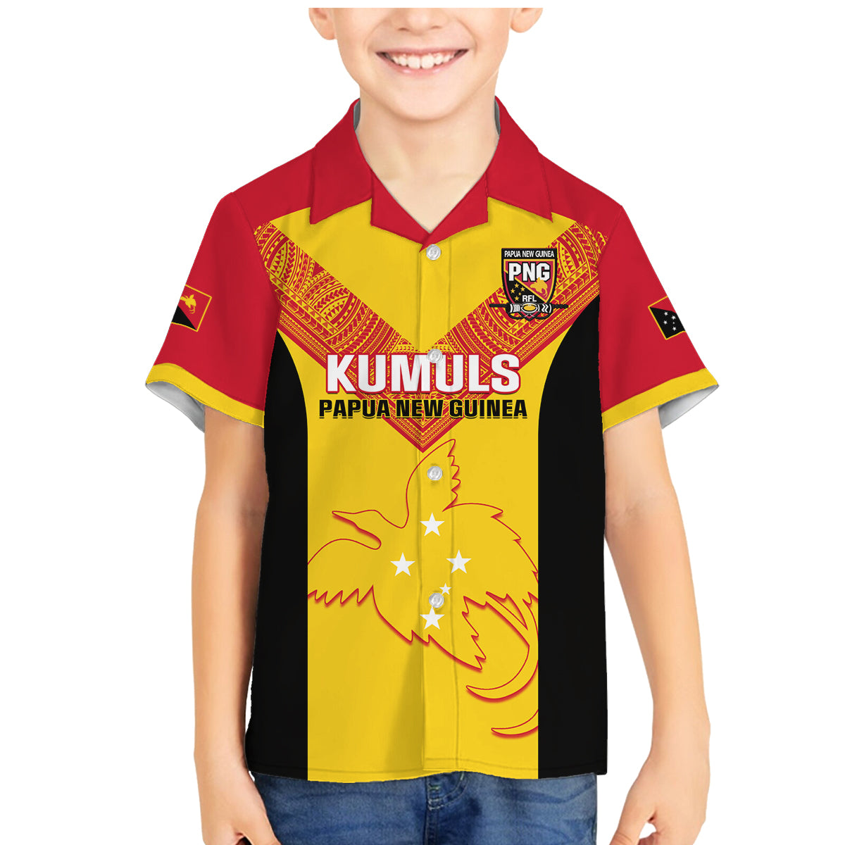 Custom Papua New Guinea Rubgby Family Matching Mermaid Dress and Hawaiian Shirt Pacific 2023 Go PNG Kumuls LT14 Son's Shirt Yellow - Polynesian Pride