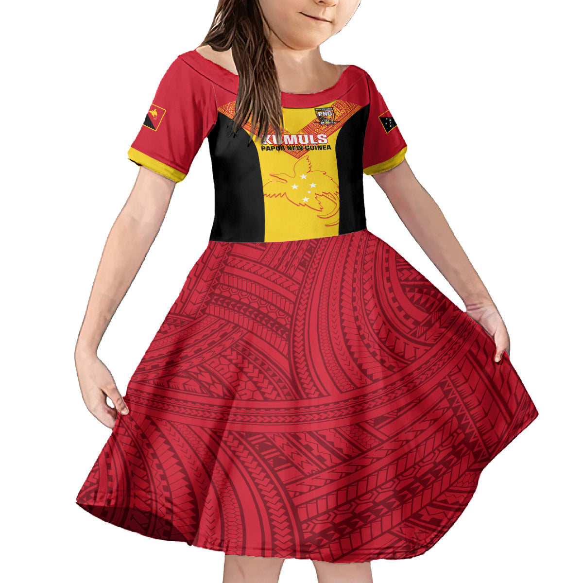 Custom Papua New Guinea Rubgby Family Matching Off Shoulder Maxi Dress and Hawaiian Shirt Pacific 2023 Go PNG Kumuls LT14 Daughter's Dress Yellow - Polynesian Pride
