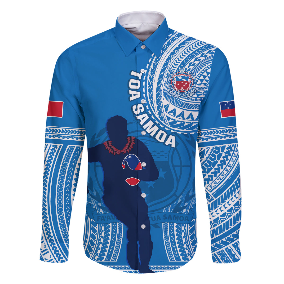 Custom Samoa Rugby Family Matching Off Shoulder Short Dress and Hawaiian Shirt Pacific 2023 Go Toa Samoa LT14 Dad's Shirt - Long Sleeve Blue - Polynesian Pride