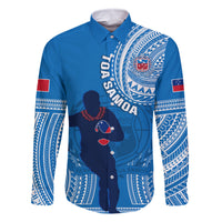 Custom Samoa Rugby Family Matching Off Shoulder Short Dress and Hawaiian Shirt Pacific 2023 Go Toa Samoa LT14 Dad's Shirt - Long Sleeve Blue - Polynesian Pride