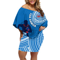 Custom Samoa Rugby Family Matching Off Shoulder Short Dress and Hawaiian Shirt Pacific 2023 Go Toa Samoa LT14 Mom's Dress Blue - Polynesian Pride
