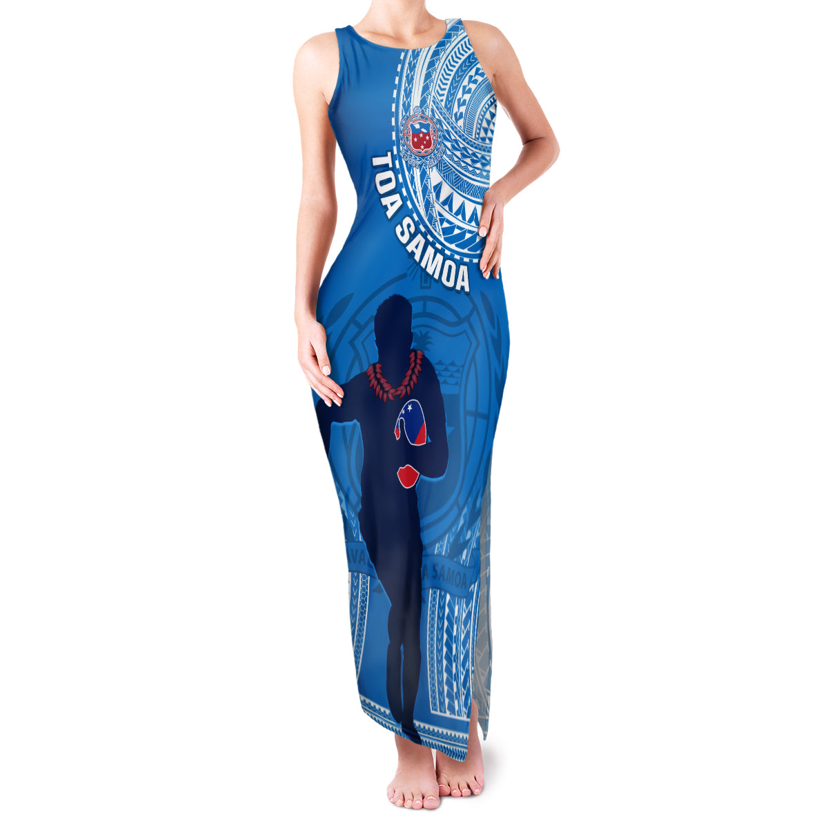 Custom Samoa Rugby Family Matching Tank Maxi Dress and Hawaiian Shirt Pacific 2023 Go Toa Samoa LT14 Mom's Dress Blue - Polynesian Pride