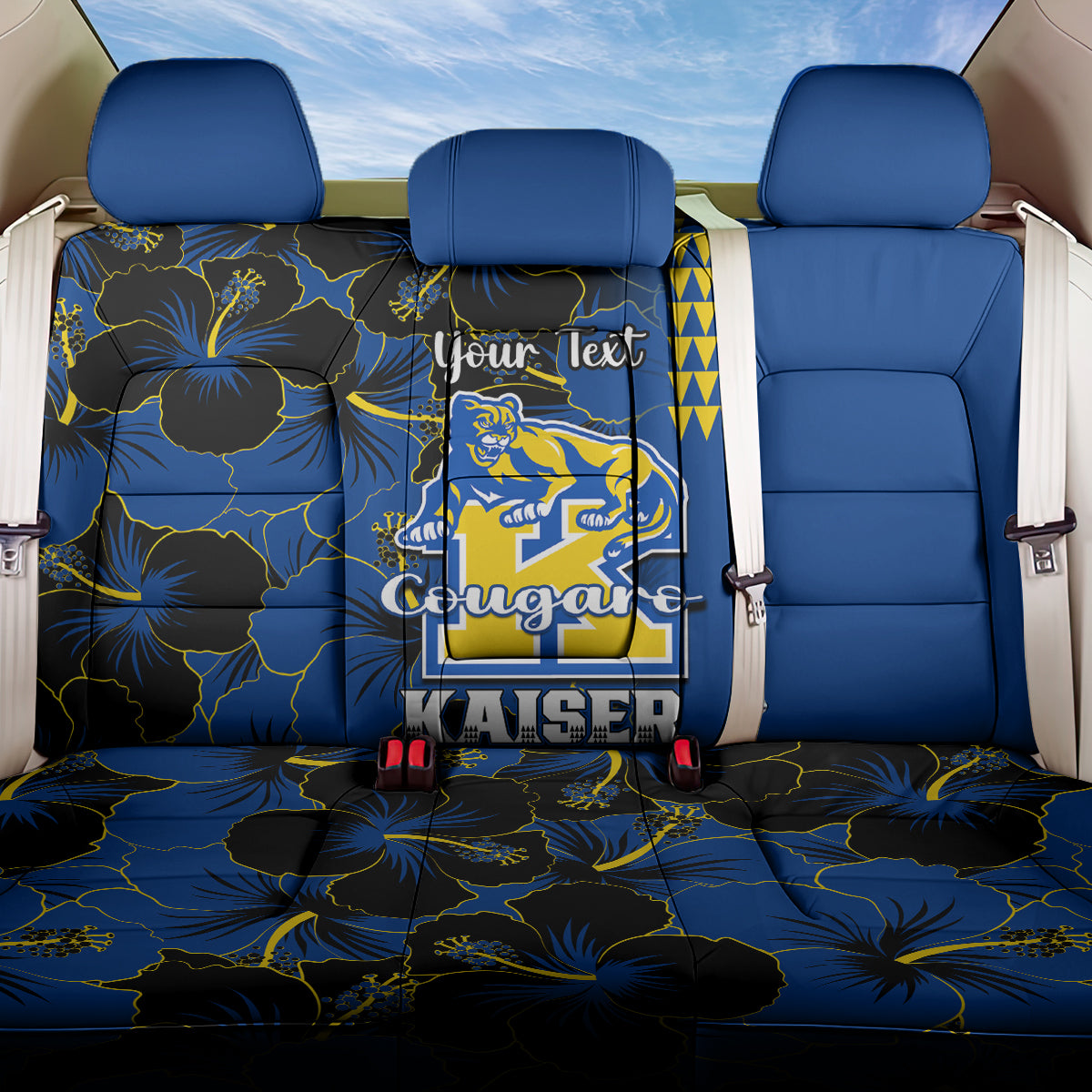 Personalised Hawaii Kaiser High School Back Car Seat Cover Kakau Mix Hibiscus Happy 52nd Anniversary LT14 One Size Blue - Polynesian Pride
