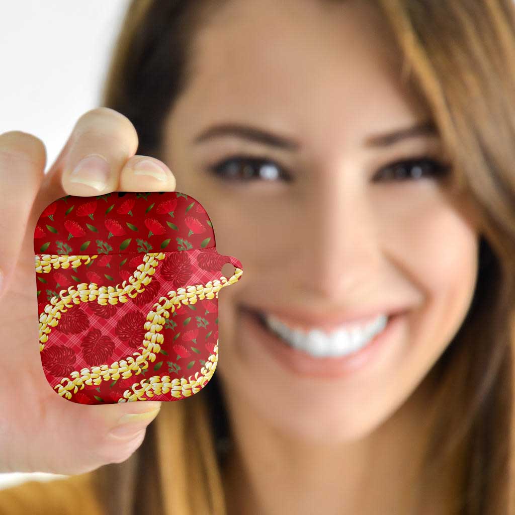 Red Palaka Hawaii Mele Kalikimaka AirPods Case Ohia Lehua Monstera Puakenikeni Lei - Polynesian Pride