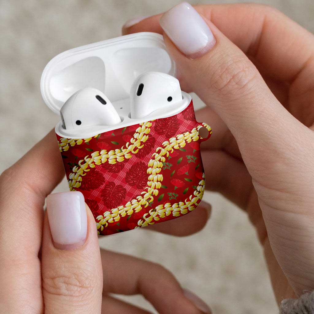 Red Palaka Hawaii Mele Kalikimaka AirPods Case Ohia Lehua Monstera Puakenikeni Lei - Polynesian Pride