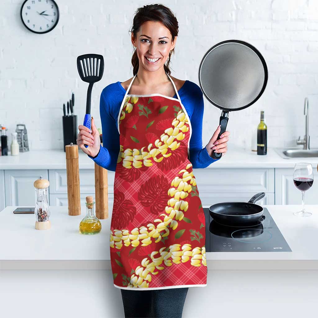 Red Palaka Hawaii Mele Kalikimaka Apron Ohia Lehua Monstera Puakenikeni Lei - Polynesian Pride