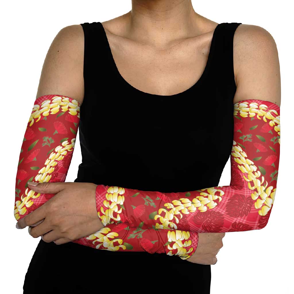Red Palaka Hawaii Mele Kalikimaka Arm Sleeves Ohia Lehua Monstera Puakenikeni Lei - Polynesian Pride