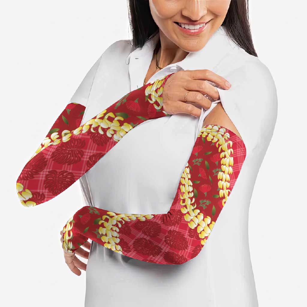 Red Palaka Hawaii Mele Kalikimaka Arm Sleeves Ohia Lehua Monstera Puakenikeni Lei - Polynesian Pride