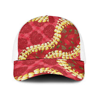 Red Palaka Hawaii Mele Kalikimaka Baseball Net Cap Ohia Lehua Monstera Puakenikeni Lei - Polynesian Pride