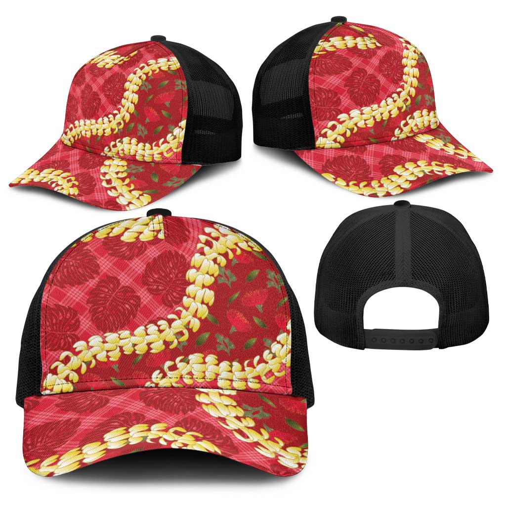 Red Palaka Hawaii Mele Kalikimaka Baseball Net Cap Ohia Lehua Monstera Puakenikeni Lei - Polynesian Pride