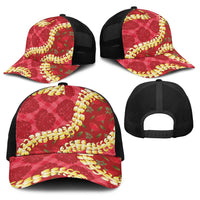 Red Palaka Hawaii Mele Kalikimaka Baseball Net Cap Ohia Lehua Monstera Puakenikeni Lei - Polynesian Pride