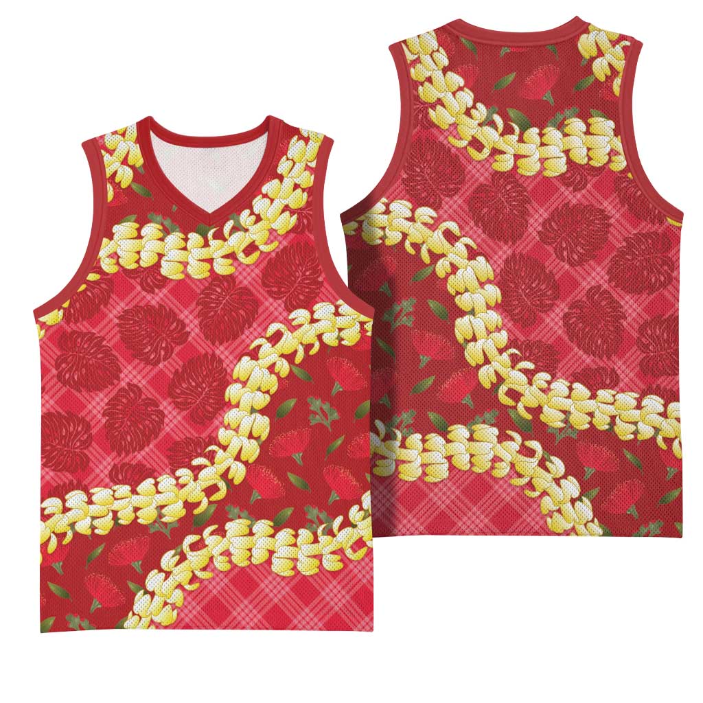 Red Palaka Hawaii Mele Kalikimaka Basketball Jersey Ohia Lehua Monstera Puakenikeni Lei LT14 - Polynesian Pride