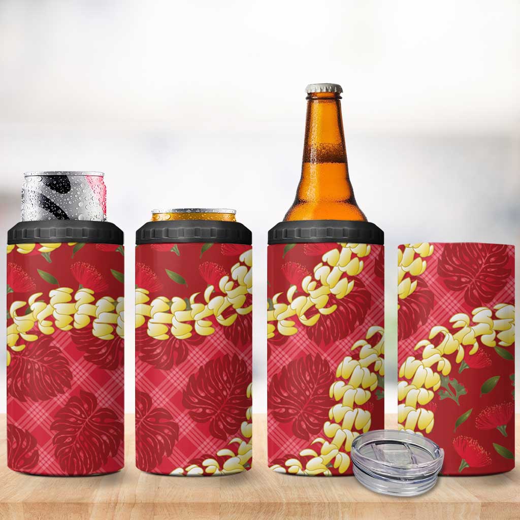 Red Palaka Hawaii Mele Kalikimaka 4 in 1 Can Cooler Tumbler Ohia Lehua Monstera Puakenikeni Lei LT14 - Polynesian Pride