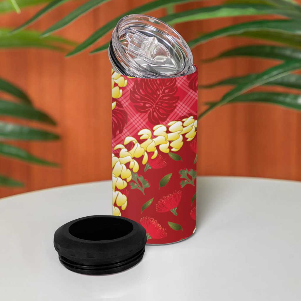 Red Palaka Hawaii Mele Kalikimaka 4 in 1 Can Cooler Tumbler Ohia Lehua Monstera Puakenikeni Lei LT14 - Polynesian Pride