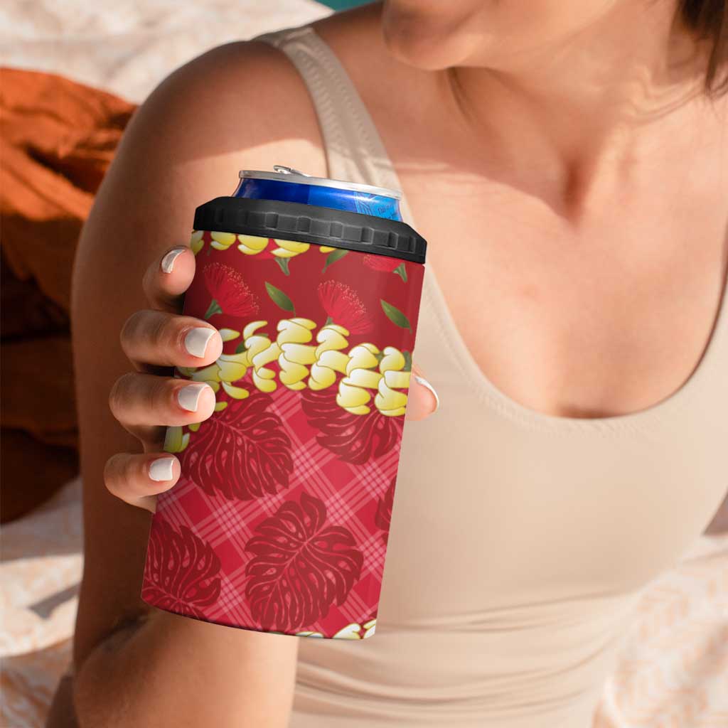 Red Palaka Hawaii Mele Kalikimaka 4 in 1 Can Cooler Tumbler Ohia Lehua Monstera Puakenikeni Lei LT14 - Polynesian Pride