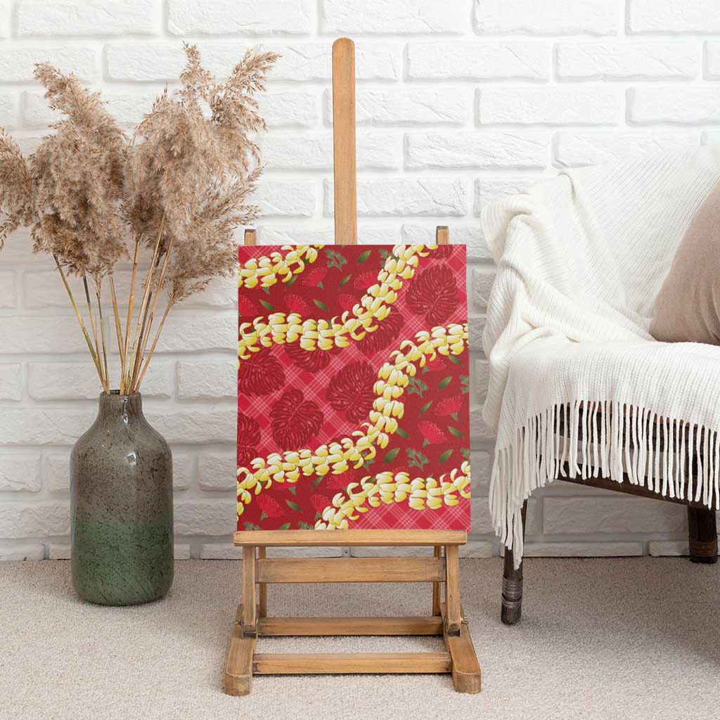 Red Palaka Hawaii Mele Kalikimaka Canvas Wall Art Ohia Lehua Monstera Puakenikeni Lei - Polynesian Pride