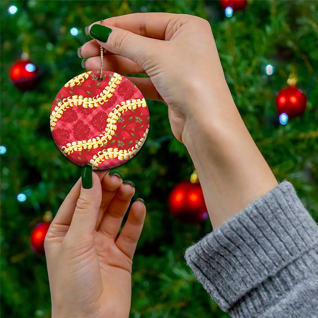 Red Palaka Hawaii Mele Kalikimaka Ceramic Ornament Ohia Lehua Monstera Puakenikeni Lei - Polynesian Pride