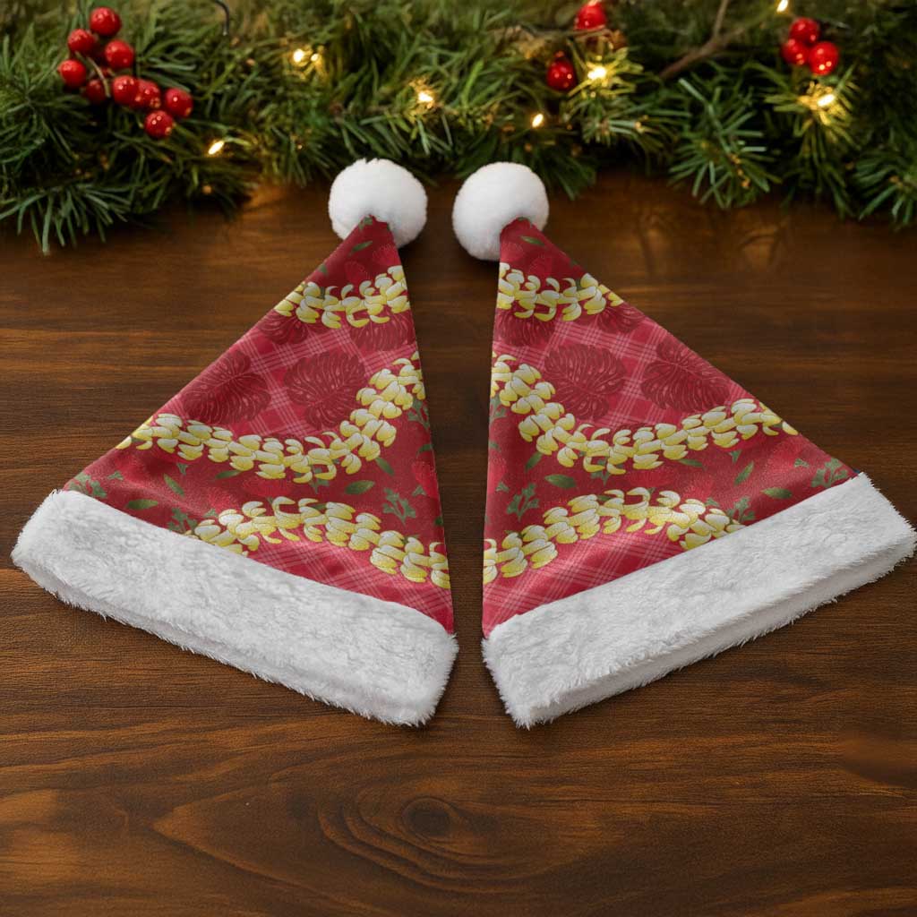 Red Palaka Hawaii Mele Kalikimaka Christmas Santa Hat Ohia Lehua Monstera Puakenikeni Lei - Polynesian Pride
